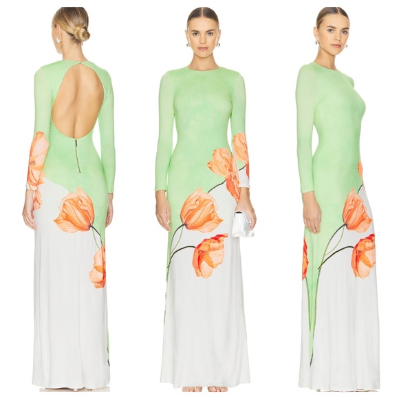 Alice + Olivia Delora Maxi Dress in Dream Life Sharp Green Long Sleeve Size 0 - Picture 1 of 10